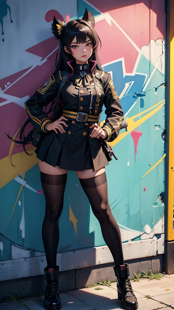 (Highest quality), masterpiece, Highly detailed CG uniform 8K illustrations, High collar, extremely High collar saturation, All the colors have deepened, paint, Graffiti art, Center Configuration, Highly detailed lights and shadows, Graffiti wall, wall painted bright, A girl&#39;s graffiti A girl is staring at the wall, Highly detailed face and eyes, Medium length hair, Sportswear, Coloured Clouds