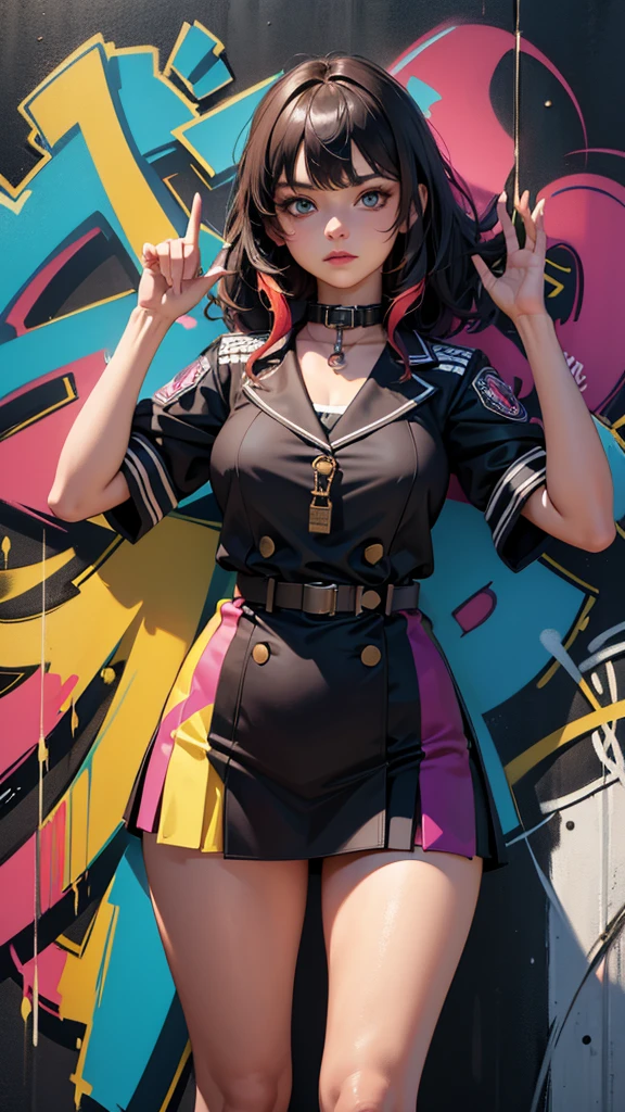 (Highest quality), masterpiece, Highly detailed CG uniform 8K illustrations, High collar, extremely High collar saturation, All the colors have deepened, paint, Graffiti art, Center Configuration, Highly detailed lights and shadows, Graffiti wall, wall painted bright, A girl&#39;s graffiti A girl is staring at the wall, Highly detailed face and eyes, Medium length hair, Sportswear, Coloured Clouds