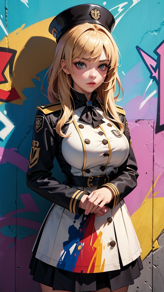 (Highest quality), masterpiece, Highly detailed CG uniform 8K illustrations, High collar, extremely High collar saturation, All the colors have deepened, paint, Graffiti art, Center Configuration, Highly detailed lights and shadows, Graffiti wall, wall painted bright, A girl&#39;s graffiti A girl is staring at the wall, Highly detailed face and eyes, Medium length hair, Sportswear, Coloured Clouds