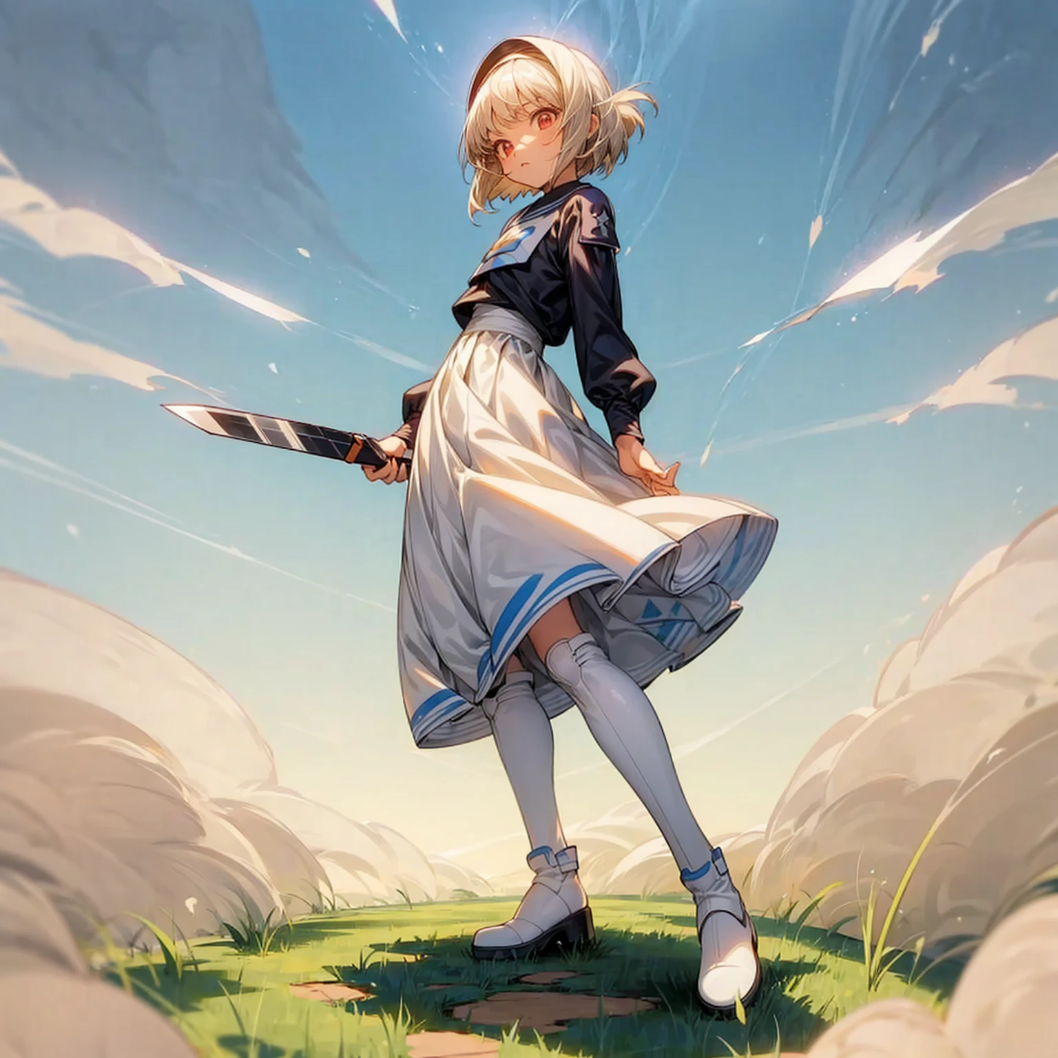 1childern girl, Full body version, 1character, just children version, light red eyes color, short hairstyle, white colour hair, saber style clothing, Long skirt, long socks, long boots, knife in hand, full background, Grassroots background in village, motion blur, shadow, standing gesture, (captain Tsubasa style art)