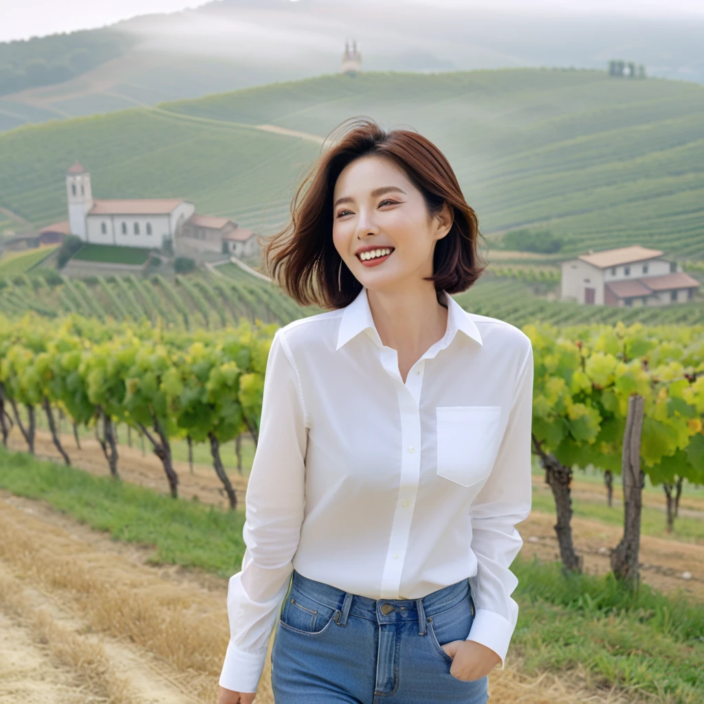 8k best picture quality, Beautiful 36-year-old Korean woman, My skin is good and my eyes are clear and pretty... clear and nice weather. Chest size 34 inches, italian countryside, past the vineyard, A cathedral can be seen in the fog in the distance.., The back background is realistic and vivid quality., Short and medium hair blowing in the wind, Wearing a classy luxury white shirt. casual jeans, laugh. the background is clear, Short and slim Korean woman, stand far away, Photo taken with a wide-angle lens, 1 woman