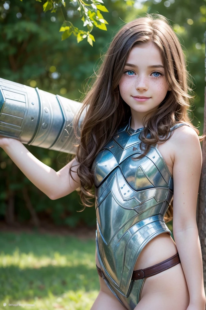 ((high resolution)), ((pale skin)), freckled, Brunetette ((11 years old)) Kizi, with blue eyes, blush cheeks, wavy hair, smiling, Kale, like a fantasy warrior, sexy armor