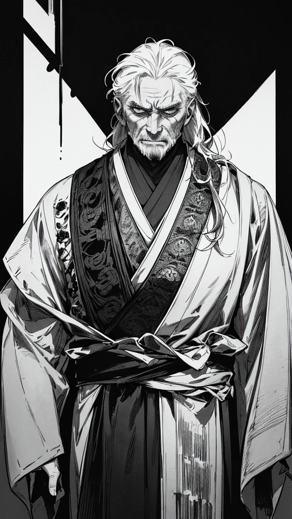 Best quality, (background_detail), high_contrast, detail_original_illustration, warrior, muscular, villain_face, kimono, full_body, holding_a_Japanese_sword, medieval, deep_wrinkles_on_eyebrows, middle_aged_man, dark_stitch_landscape, (dramatic_lighting:1. 25), (shaded_background:1.2), (gray_back hair:1. 2 ), Large figure, Delicate face, Evil smile, Sharp eyes, Black background, (Black background:1. 5) Beautiful line drawing, Black and white