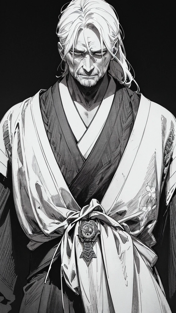 Best quality, (background_detail), high_contrast, detail_original_illustration, warrior, muscular, villain_face, kimono, full_body, holding_a_Japanese_sword, medieval, deep_wrinkles_on_eyebrows, middle_aged_man, dark_stitch_landscape, (dramatic_lighting:1. 25), (shaded_background:1.2), (gray_back hair:1. 2 ), Large figure, Delicate face, Evil smile, Sharp eyes, Black background, (Black background:1. 5) Beautiful line drawing, Black and white
