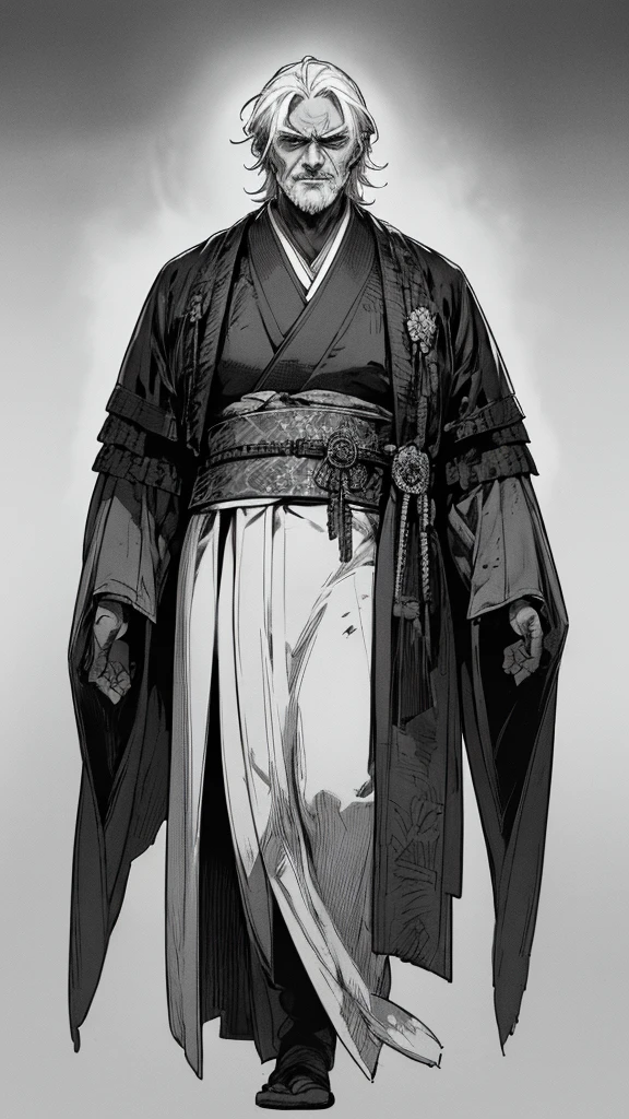 Best quality, (background_detail), high_contrast, detail_original_illustration, warrior, muscular, villain_face, kimono, full_body, holding_a_Japanese_sword, medieval, deep_wrinkles_on_eyebrows, middle_aged_man, dark_stitch_landscape, (dramatic_lighting:1. 25), (shaded_background:1.2), (gray_back hair:1. 2 ), Large figure, Delicate face, Evil smile, Sharp eyes, Black background, (Black background:1. 5) Beautiful line drawing, Black and white