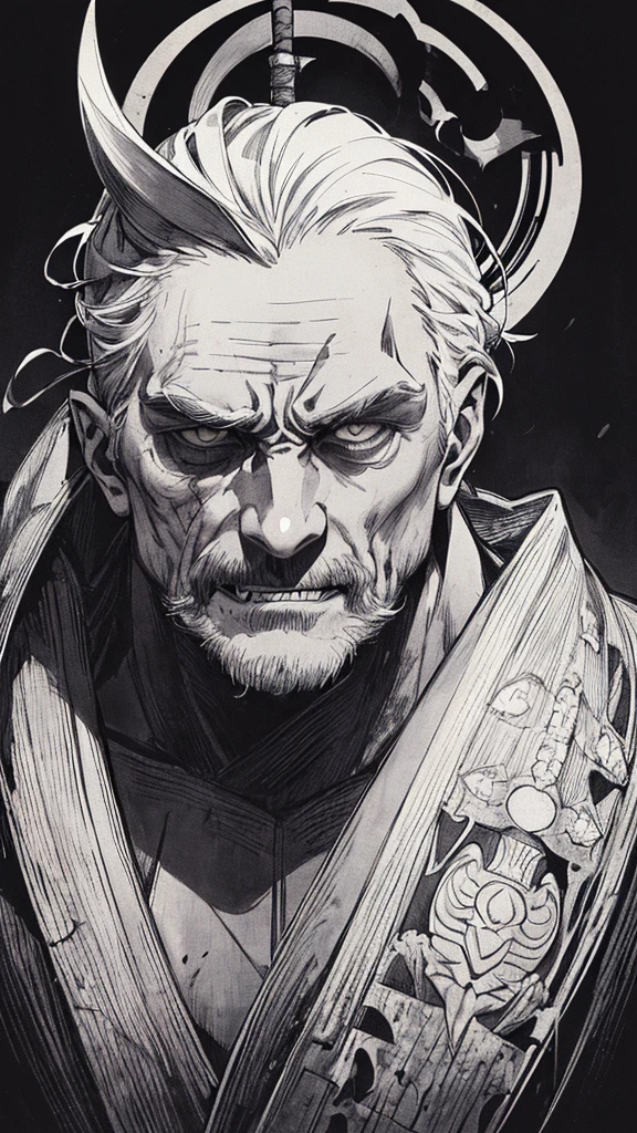 Best quality, (background_detail), high_contrast, detail_original_illustration, warrior, muscular, villain_face, kimono, full_body, holding_a_Japanese_sword, medieval, deep_wrinkles_on_eyebrows, middle_aged_man, dark_stitch_landscape, (dramatic_lighting:1. 25), (shaded_background:1.2), (gray_back hair:1. 2 ), Large figure, Delicate face, Evil smile, Sharp eyes, Black background, (Black background:1. 5) Beautiful line drawing, Black and white