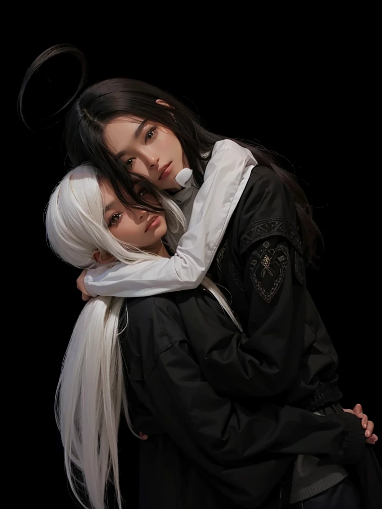 A dark-skinned man with long white hair, hugging a beautiful girl.