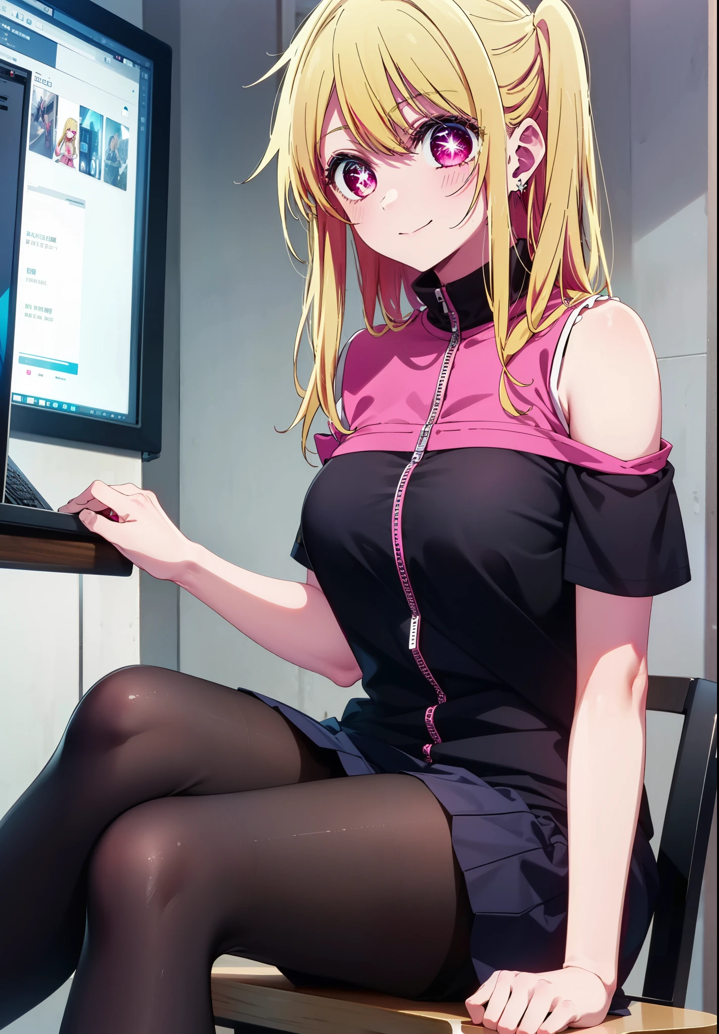 rubyhoshino, Hoshino Ruby, Long Hair, bangs, Blonde, (Pink Eyes:1.3), (Symbol-shaped pupil:1.5), Multicolored Hair, Two-tone hair, happy smile, smile, Close your mouth,
break, Cold Shoulder Shirt,Short sleeve,Long skirt,Black pantyhose,Stiletto heels,There is a computer on the table,sitting cross-legged on a chair,interior,whole bodyがイラストに入るように,Daytime,Clear skies,
break indoors, office,
break looking at viewer, whole body,
break (masterpiece:1.2), Highest quality, High resolution, unity 8k wallpaper, (figure:0.8), (Beautiful attention to detail:1.6), Highly detailed face, Perfect lighting, Highly detailed CG, (Perfect hands, Perfect Anatomy),