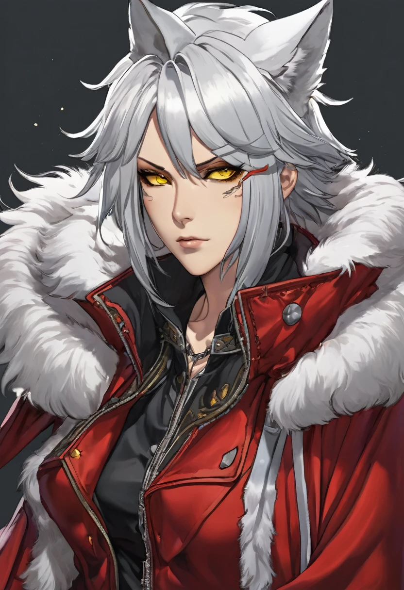 Anime character, large red hood with fur inside, Androgynous but sharp features, Yellow eyes, White hair with grey tips, wolf cut, gender netural, fantasy outfit, annoyed look, metal on outfit