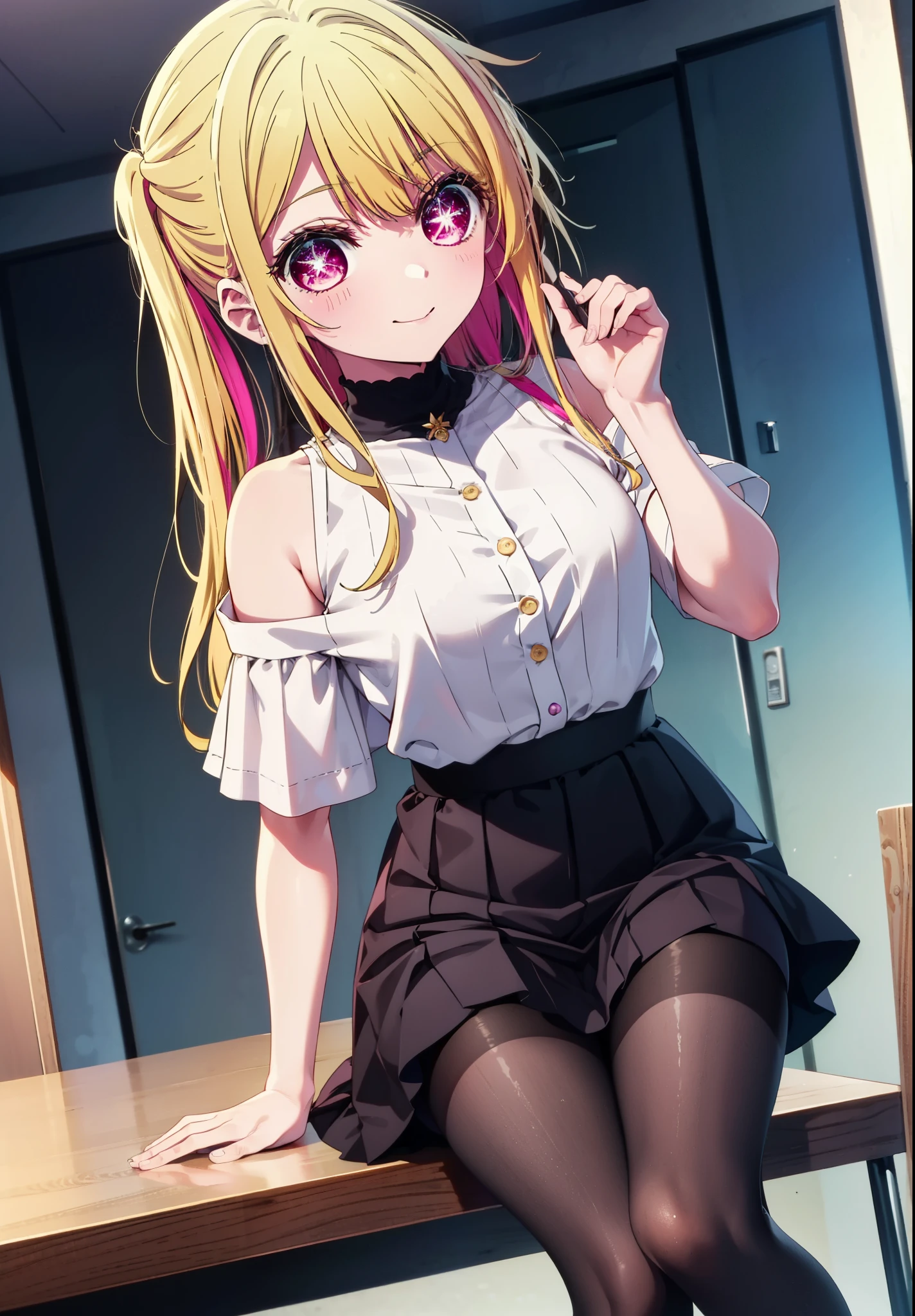 rubyhoshino, Hoshino Ruby, Long Hair, bangs, Blonde, (Pink Eyes:1.3), (Symbol-shaped pupil:1.5), Multicolored Hair, Two-tone hair, happy smile, smile, Close your mouth,
break, Cold Shoulder Shirt,Short sleeve,Long skirt,Black pantyhose,Stiletto heels,There is a computer on the table,Are standing,interior,whole bodyがイラストに入るように,Daytime,Clear skies,
break indoors, office,
break looking at viewer, whole body,
break (masterpiece:1.2), Highest quality, High resolution, unity 8k wallpaper, (figure:0.8), (Beautiful attention to detail:1.6), Highly detailed face, Perfect lighting, Highly detailed CG, (Perfect hands, Perfect Anatomy),
