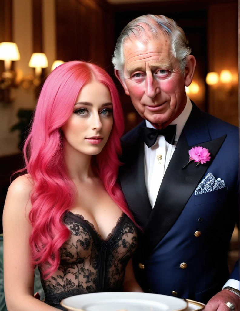 old husband Prince Charles and a very attractive 25 year old girl with long bright pink hair,, fine dining in a luxury hotel, perfect face, perfect eyes, perfect finger, perfect anatomy, perfect body, realistic photo, uhd, looking to the viewer