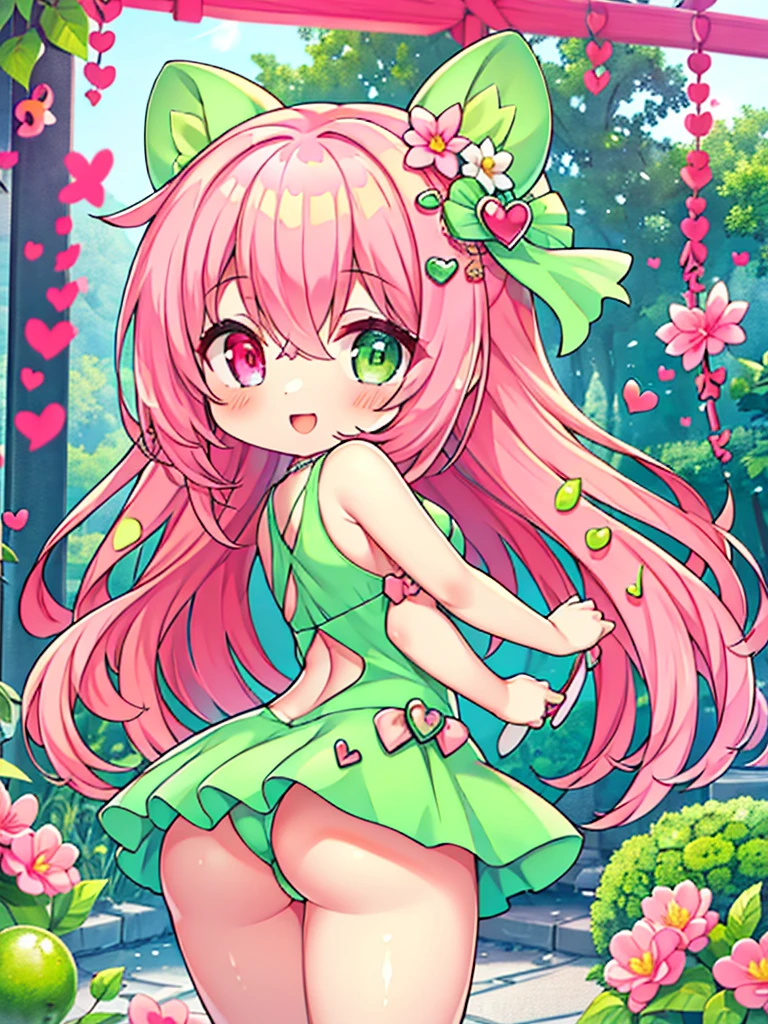masterpiece, highest quality,excellent anatomy、1 girl cute girl, pink hair, tiny red thong, back view, looking back , light pink hair、heterochromia eyes、idol type、cute lime green dress、Heart-shaped shining eyes、a smile that charms you, perfect ass, big ass, stonkings.