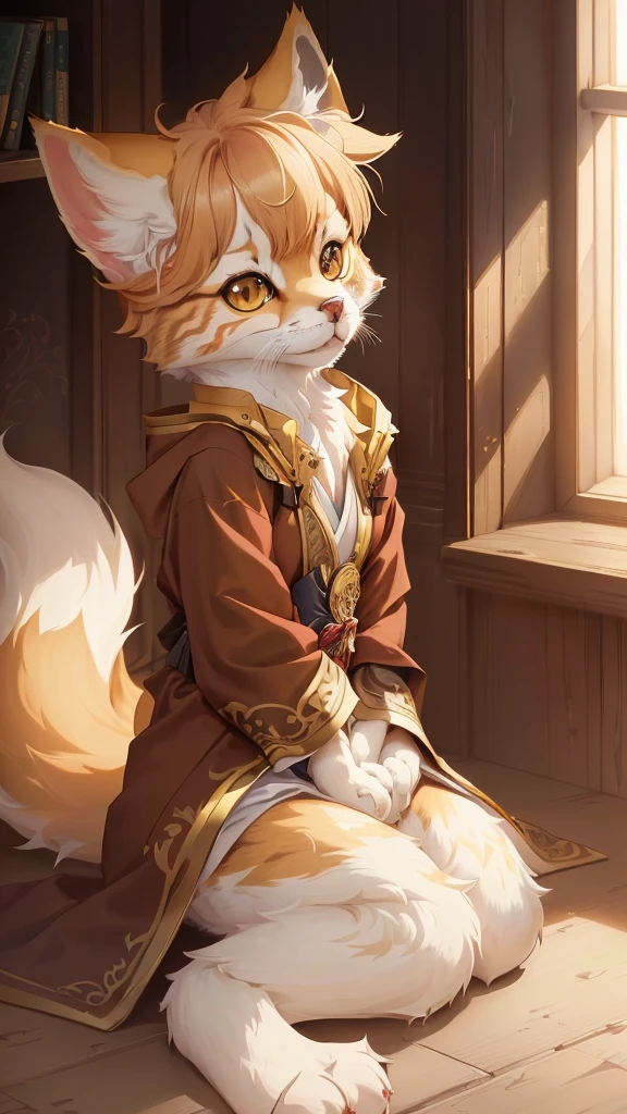 Anime style picture of a cat sitting on the floor in a room, Detailed fan art, very very beautiful Furry art, animal art, high resolution committee, ((wearing noble robes)), human fox, Lovely and detailed digital art, fursona wearing fashionable clothes, fursona Furry art commission, Zero Art, Furry art!!!
