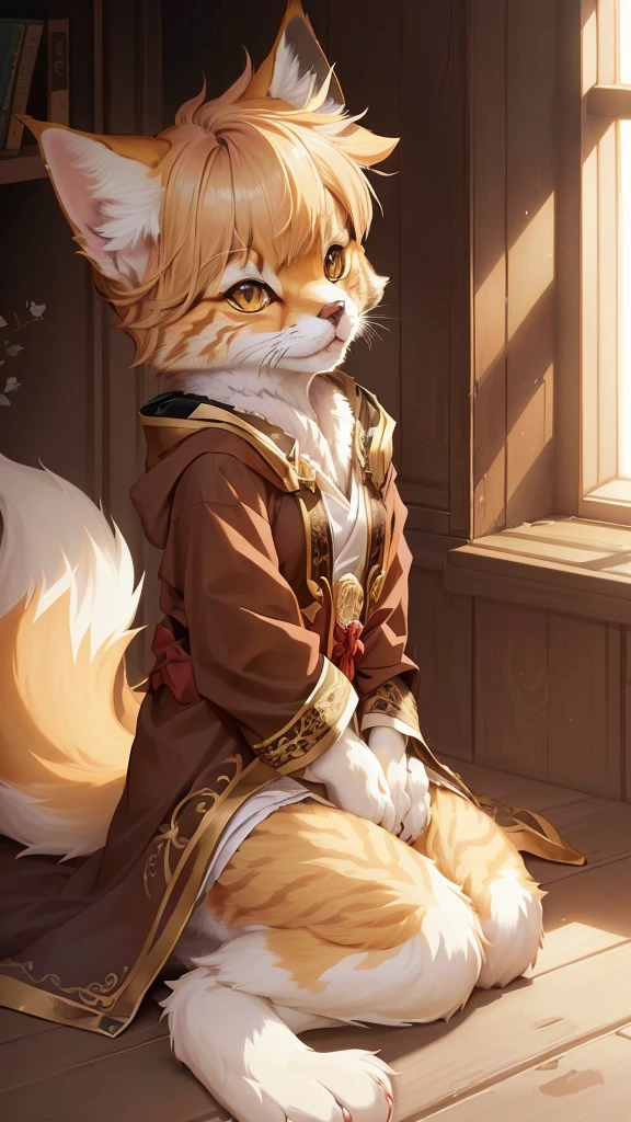 Anime style picture of a cat sitting on the floor in a room, Detailed fan art, very very beautiful Furry art, animal art, high resolution committee, ((wearing noble robes)), human fox, Lovely and detailed digital art, fursona wearing fashionable clothes, fursona Furry art commission, Zero Art, Furry art!!!