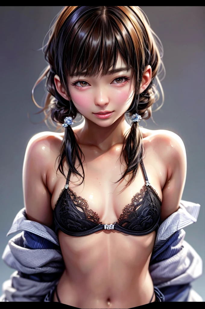 (Realistic, photo-Realistic:1.4), (masterpiece, Highest quality:1.2), RAW Photos, High resolution, Intricate details, Very detailed, Realistic and sharp details, Cinema Lighting, Portraiture, (Bust Shot, abdomen:1.5), Front view, alone, One girl, Japanese woman, Black Hair, (Medium Hair, Pigtails, Blunt bangs:1.3), Slender body, (Makes your face smaller), Detailed face, Fine grain, Refined nose, Pale skin, clavicle, necklace, jewelry, (Small breasts, Flat Chest), Bright smile, (Tiny Lingerie, Black bra, Thin straps, No sleeve), Photo Background, indoor,,,[Mayu Watanabe,AKB48]