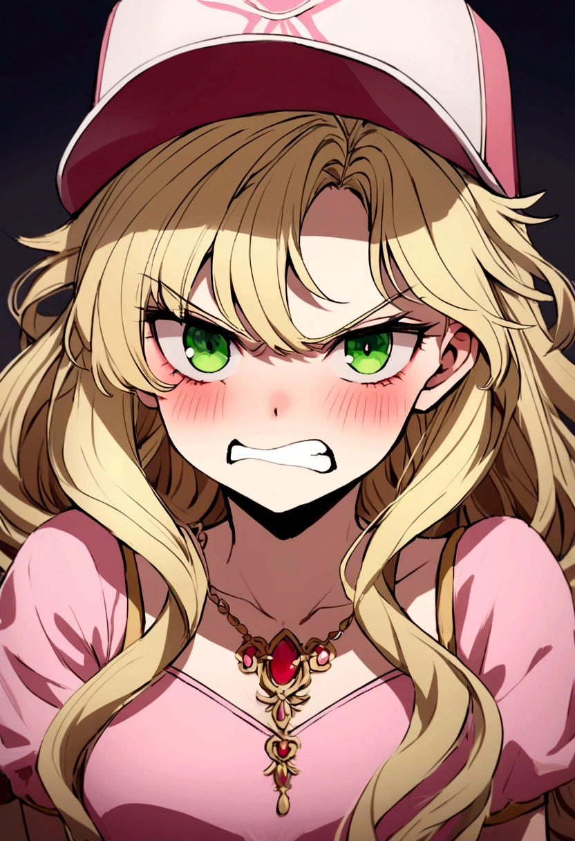 creates the image of a princess, with a pink princess dress, she is wearing a baseball cap, she has an angry expression, she is blonde and has green eyes