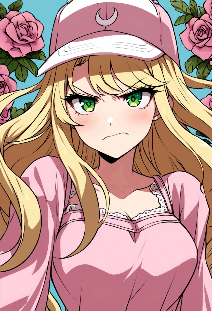 creates the image of a princess, with a pink princess dress, she is wearing a baseball cap, she has an angry expression, she is blonde and has green eyes
