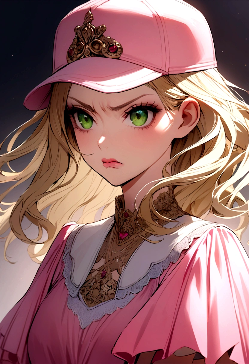 creates the image of a princess, with a pink princess dress, she is wearing a baseball cap, she has an angry expression, she is blonde and has green eyes