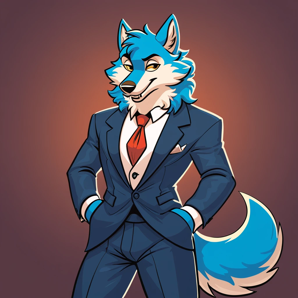 fluffy wolf in a suit in classic cartoon art style