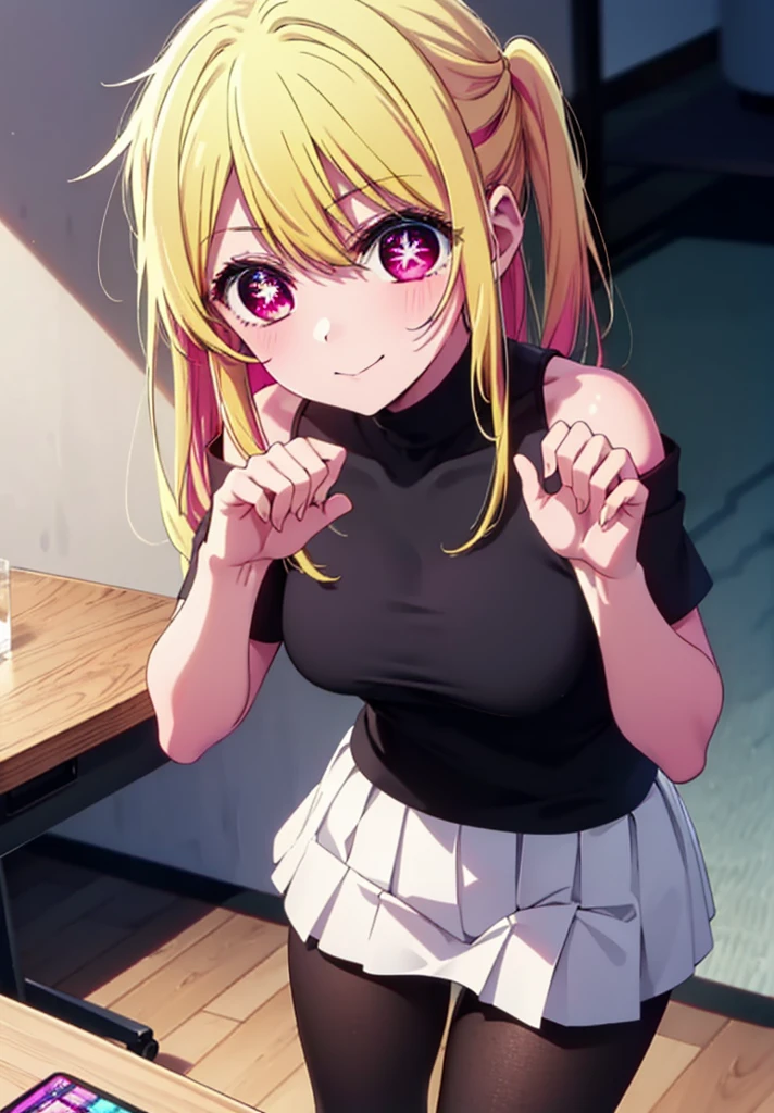 rubyhoshino, Hoshino Ruby, Long Hair, bangs, Blonde, (Pink Eyes:1.3), (Symbol-shaped pupil:1.5), Multicolored Hair, Two-tone hair, happy smile, smile, Close your mouth,
break, Cold Shoulder Shirt,Short sleeve,Long skirt,Black pantyhose,boots,There is a computer on the table,Are standing,interior,whole bodyがイラストに入るように,Daytime,Clear skies,
break indoors, office,
break looking at viewer, whole body,
break (masterpiece:1.2), Highest quality, High resolution, unity 8k wallpaper, (figure:0.8), (Beautiful attention to detail:1.6), Highly detailed face, Perfect lighting, Highly detailed CG, (Perfect hands, Perfect Anatomy),
