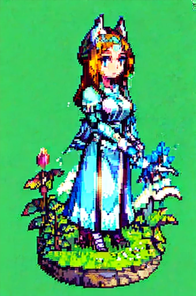 Generate a high-resolution pixel art depiction of a girl standing in a picturesque landscape. The scene should feature the girl amidst a vibrant summer flower field, with a clear blue sky adorned by fluffy white clouds in the background. Include intricate details such as butterflies fluttering around her and distant lush green forests. Capture the girl's serene expression and the gentle wind tousling her hair in meticulous pixel art style, ensuring the overall image quality is crisp and detailed.