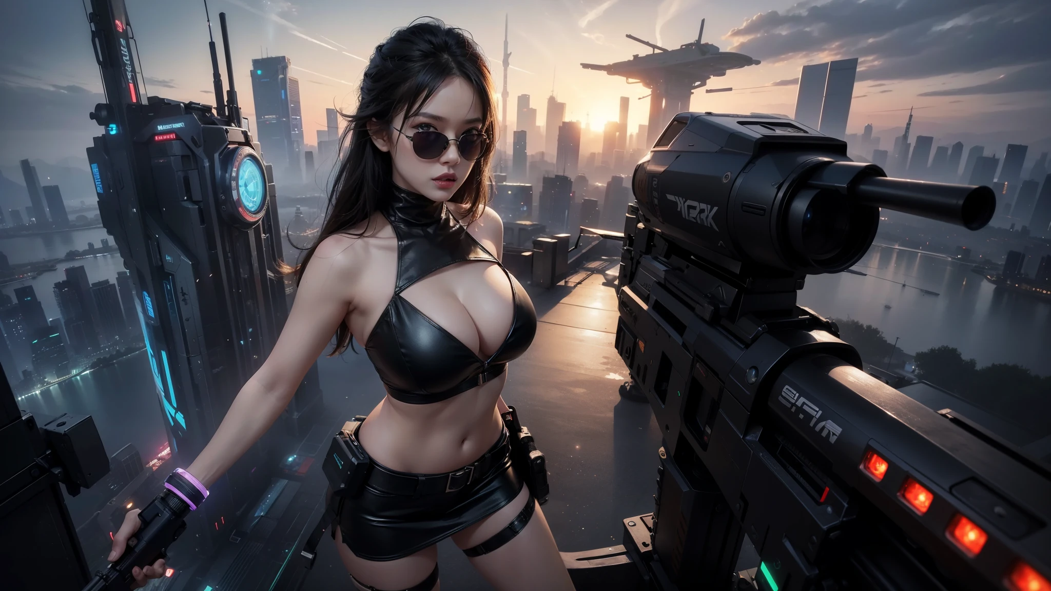 At night, aerial view of futuristic sci-fi cyberpunk city with plenty neon lights, skyscrapers, flying cars, vortex glowing hologram ((giant clock tower)) as time machine, high quality. (1girl, solo), photo realistic, large-breast:1.2 slim body, cleavage:1.3, tube top, short miniskirt, (black sunglasses), aiming at viewer with a (mini rifle):0.3, dynamic pose, half-body thigh level medium shot, cinematic lighting.