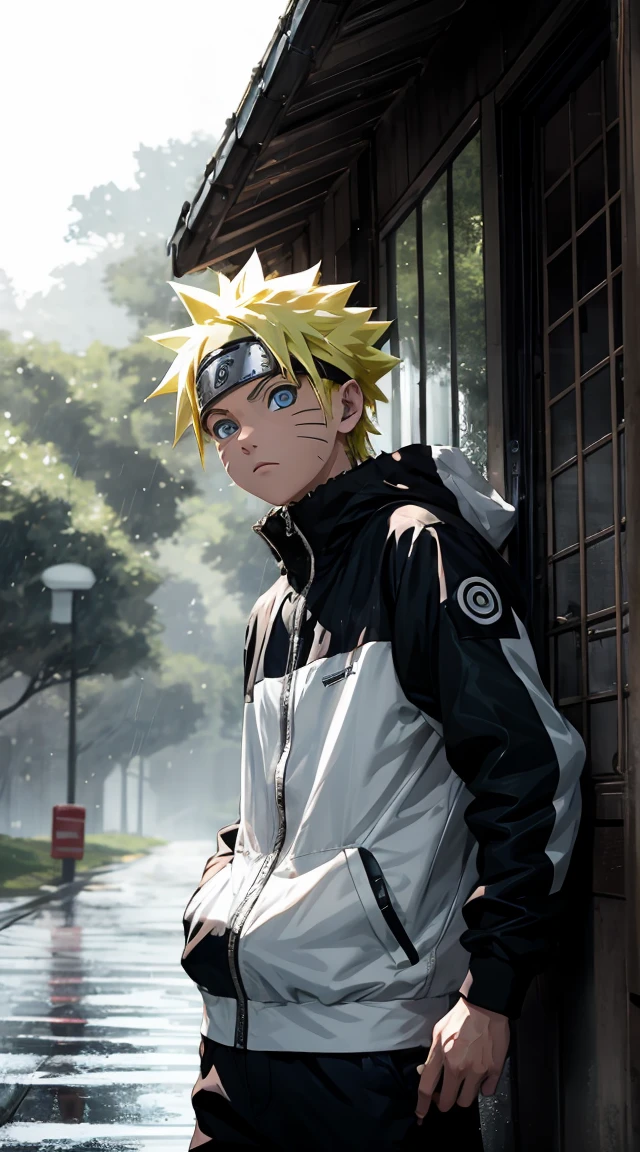 Masterpiece, Superb Style, streewear chothes, Outdoor forest , half Body, Uzumaki Naruto, blue eyes, short yellow hair,a boy, rain, no people, 