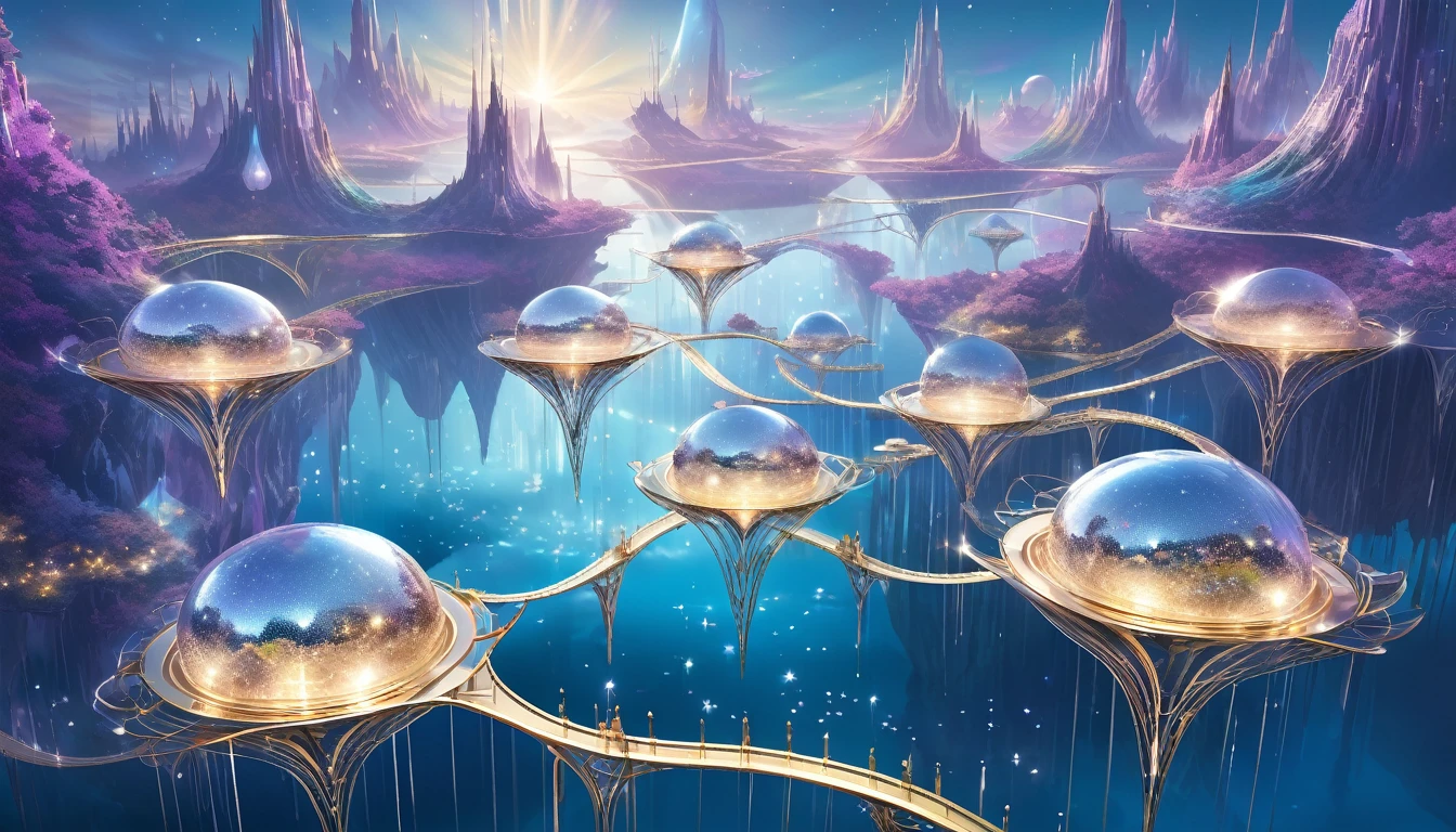 A surreal dreamscape of floating metallic islands, each with its own unique design and purpose, connected by shimmering bridges of light.