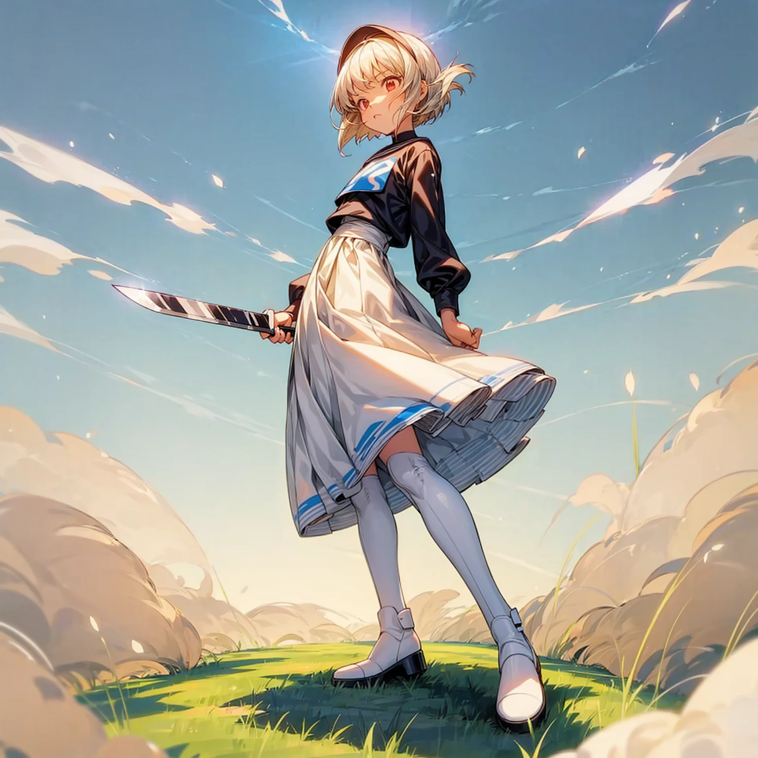 1childern girl, Full body version, 1character, just children version, light red eyes color, short hairstyle, white colour hair, saber style clothing, Long skirt, long socks, long boots, knife in hand, full background, Grassroots background in village, motion blur, shadow, standing gesture, (captain Tsubasa style art)