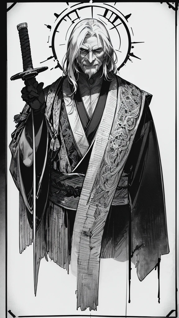 Best quality, (background_detail), high_contrast, detail_original_illustration, warrior, muscular, villain_face, kimono, full_body, holding_a_Japanese_sword, medieval, deep_wrinkles_on_eyebrows, middle_aged_man, dark_stitch_landscape, (dramatic_lighting:1. 25), (shaded_background:1.2), (gray_back hair:1. 2 ), Large figure, Delicate face, Evil smile, Sharp eyes, Black background, (Black background:1. 5) Beautiful line drawing, Black and white