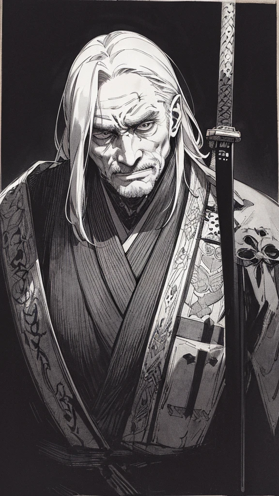 Best quality, (background_detail), high_contrast, detail_original_illustration, warrior, muscular, villain_face, kimono, full_body, holding_a_Japanese_sword, medieval, deep_wrinkles_on_eyebrows, middle_aged_man, dark_stitch_landscape, (dramatic_lighting:1. 25), (shaded_background:1.2), (gray_back hair:1. 2 ), Large figure, Delicate face, Evil smile, Sharp eyes, Black background, (Black background:1. 5) Beautiful line drawing, Black and white