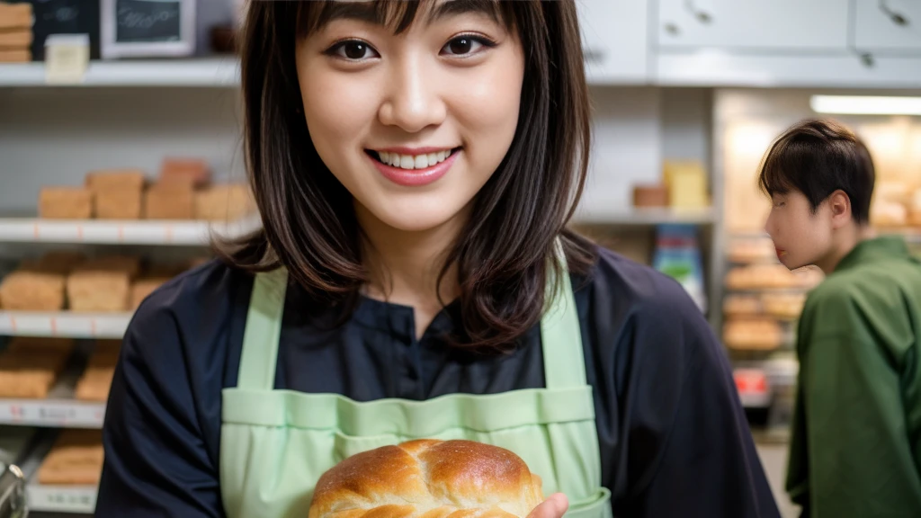 highest quality, masterpiece, overview, Ultra-high resolution, (Realistic:1.4), RAW Photos, One girl, Most popular Japanese idols, (At the bakery, Looking happily at the many pieces of bread, At the bakeryHave a good time), Mr.々Details of different types of bread, Tight clothing, A very cute smile like the most famous Japanese idol, Perfect Proportions, Very cute face like the most famous Japanese idol, ((Very beautiful big black eyes)), Very beautiful short black hair, Detailed bakery