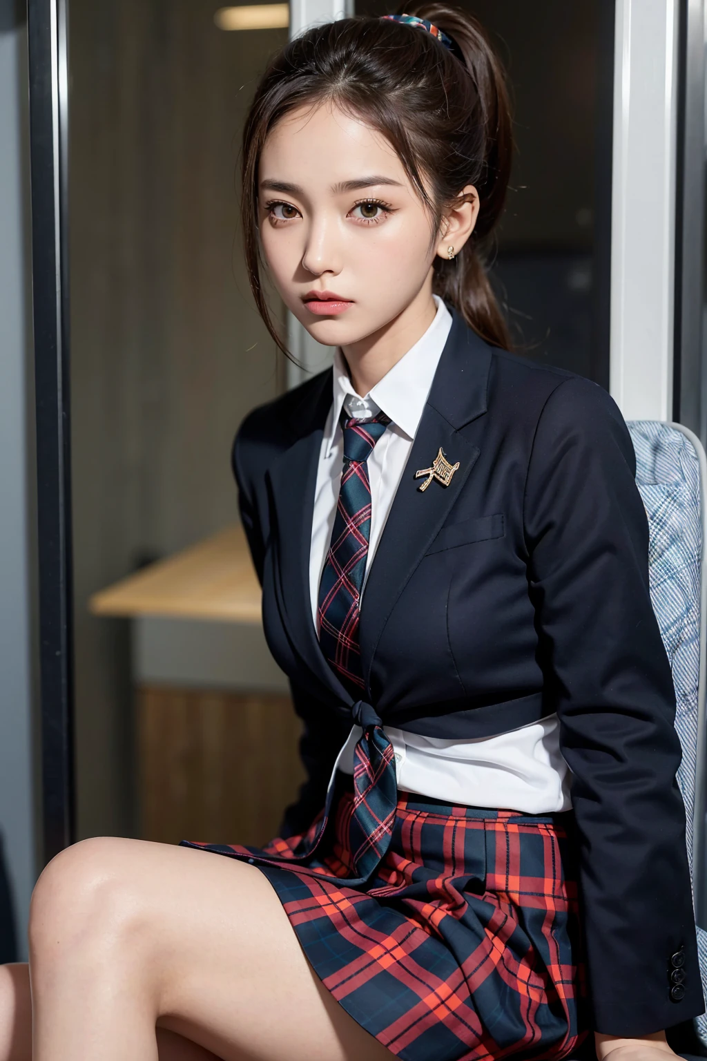 (8K), (best quality: 1.2), (realistic), (realistic: 1.37), ultra high resolution, 1 girl, cute, serious face, closed mouth, beautiful details, beautiful nose, beautiful hair, ponytail,huge two cells, pork, thighs，Self Snap,College student ,sitting on a train in tokyo,simple blazer,pleated skirt,(The pattern of the skirt and tie is a tartan check pattern....:1.3),cross one&#39;s legs, from above,(thighsにクローズアップ),(光沢のあるthighs),(opaque blue knee high socks:1.2)