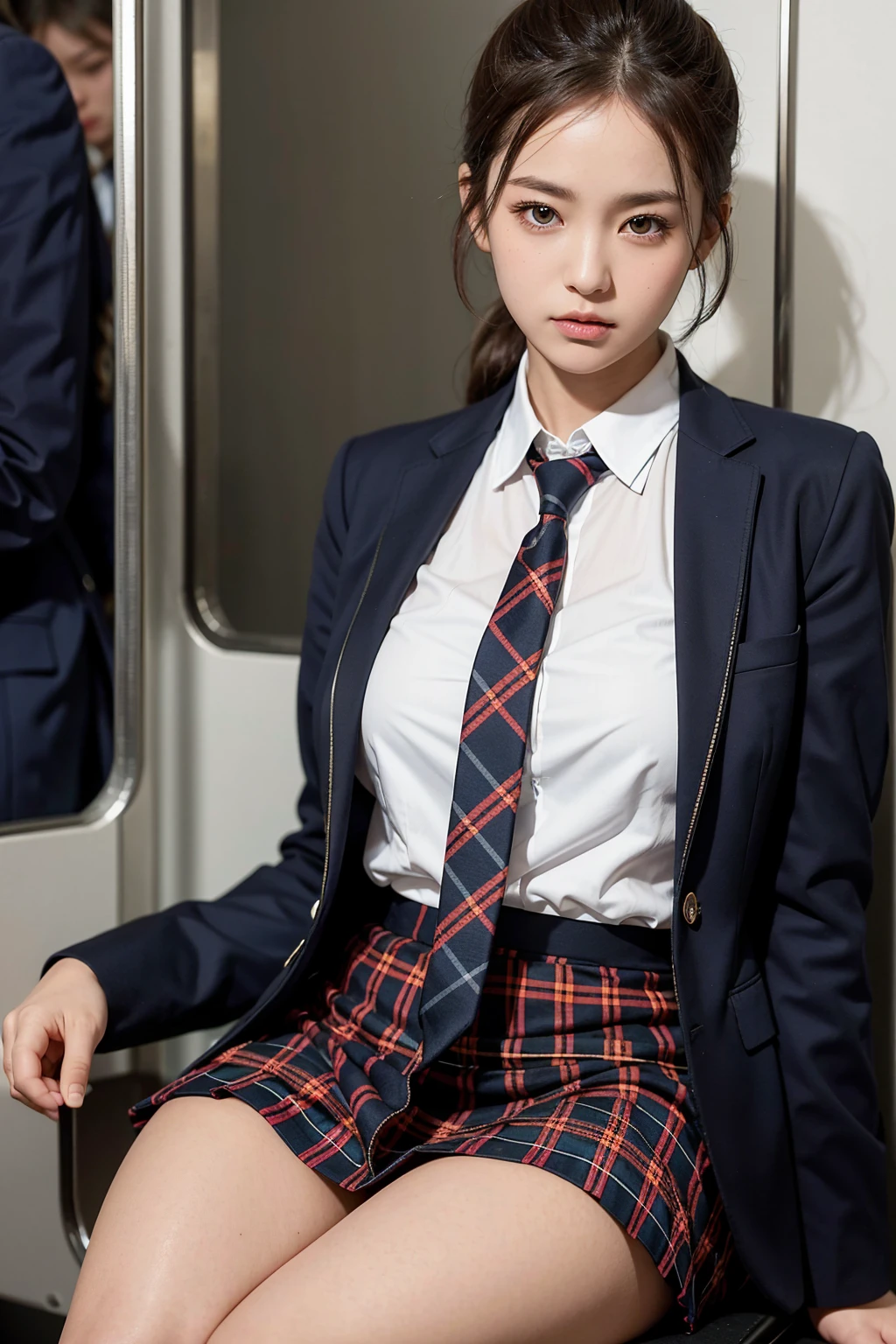 (8K), (best quality: 1.2), (realistic), (realistic: 1.37), ultra high resolution, 1 girl, cute, serious face, closed mouth, beautiful details, beautiful nose, beautiful hair, ponytail,huge two cells, pork, thighs，Self Snap,College student ,sitting on a train in tokyo,simple blazer,pleated skirt,(The pattern of the skirt and tie is a tartan check pattern....:1.3),cross one&#39;s legs, from above,(thighsにクローズアップ),(光沢のあるthighs),(opaque blue knee high socks:1.2)