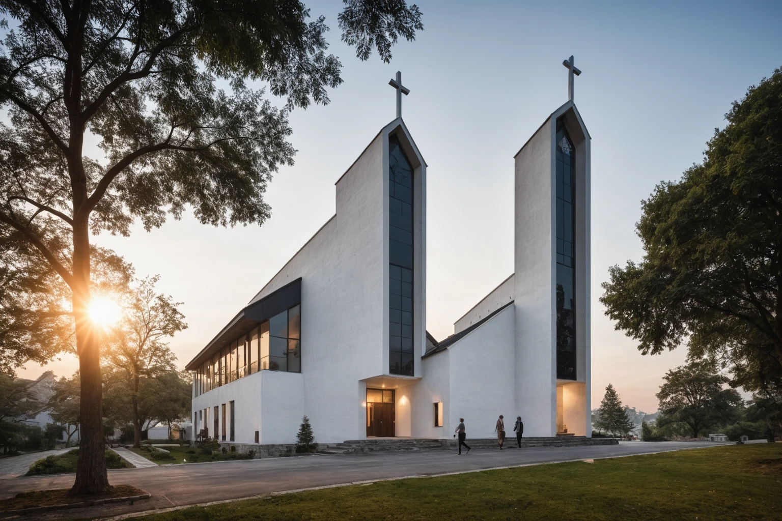 raw photo, best quality, ultra realistic, masterpiece, best quality skin, photography hd, dslr,
tcs, httlvn, modern church, road, people, house, facade design, outdoors, church, white walls, cross on top, 
Dusk, sunshine, 
View from a tree, dof view, 
