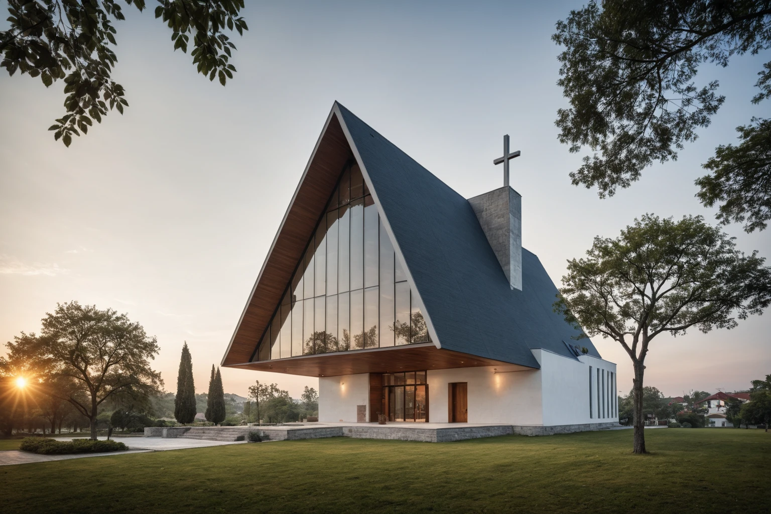 raw photo, best quality, ultra realistic, masterpiece, best quality skin, photography hd, dslr,
tcs, httlvn, modern church, road, people, house, facade design, outdoors, church, white walls, cross on top,
Dusk, sunshine,
View from a tree, dof view,