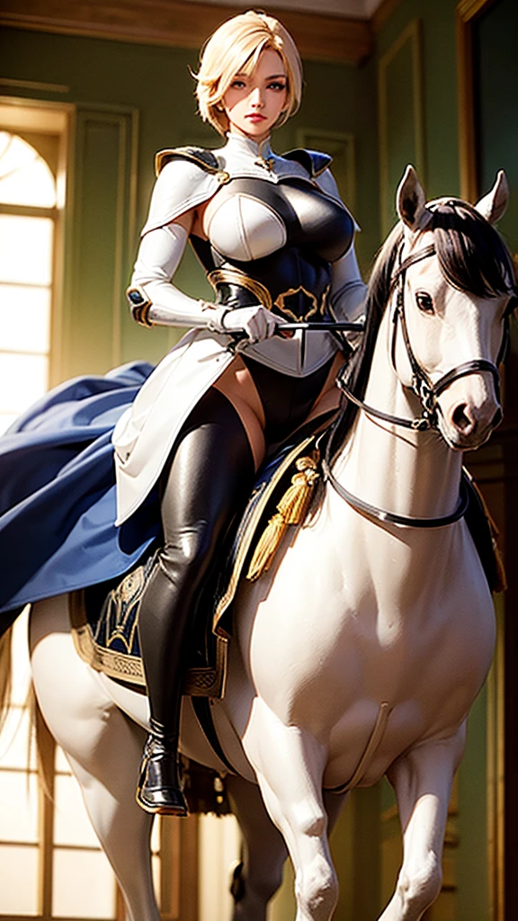 Beauty Knight。Tight knight suit。Handsome face。White and tender skin。Perfect and attractive figure。Galloping on a horse。Plump thighs exposed。Exposed thighs。Exposed shoulders and back。Full body portrait。
