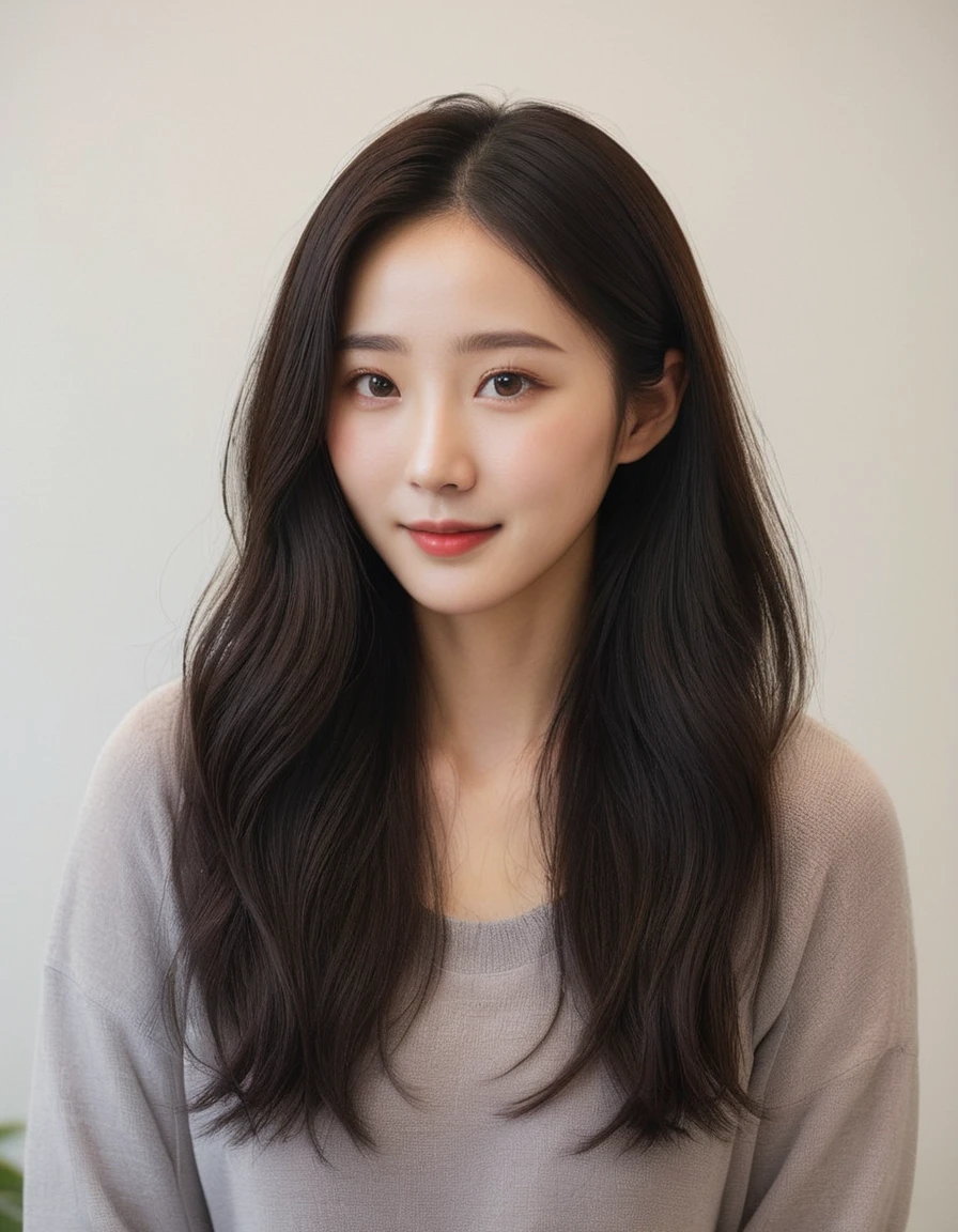 Best Quality, 8k, Masterpiece, (Portrait: 1.3), (photo realistic:1.4), (hyper realistic:1.4), Sharp Focus, looking at viewer, (smoother lighting:1.1), (increase cinematic lighting quality:0.9), realistic lighting, backlighting, light on face, ray trace, (brightening light:1.2), (Increase quality:1.4), sharp detail, (best quality real texture skin:1.4), finely detailed eyes, black_eyes, finely detailed face, 25 year old Korean woman, smiling_face