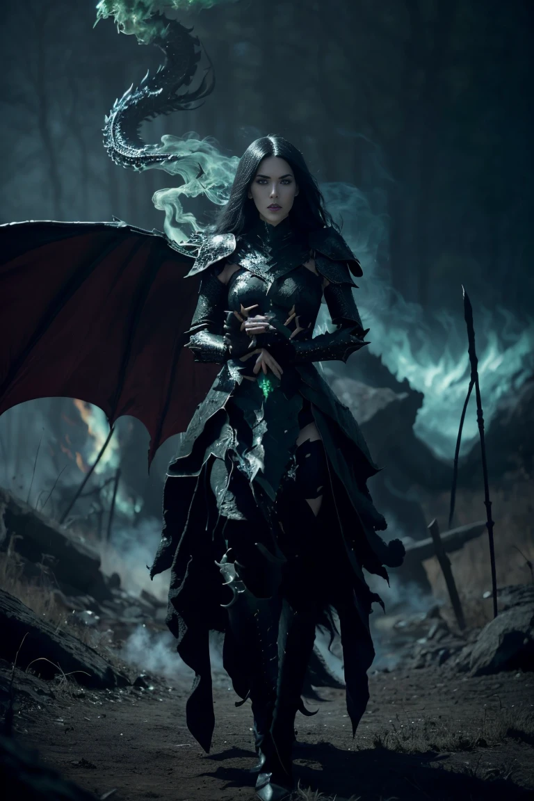 Expansive landscapes, dark fantasy image, full body, fire-breathing dragon and beautiful evil princess, black long hair, white skin, green eyes, detailed rich texture, in green and black metal armor, action scene, in fact, dramatic, vibrant colors, elaborate fine details, smoke, fire, cinematic, ultra realistic, photorealistic