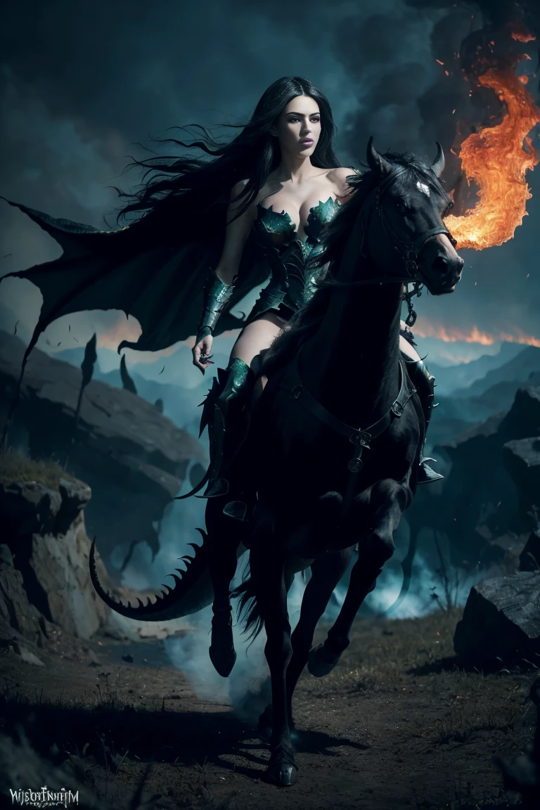 Expansive landscapes, dark fantasy image, full body, fire-breathing dragon and beautiful evil princess, black long hair, white skin, green eyes, detailed rich texture, in green and black metal armor, action scene, in fact, dramatic, vibrant colors, elaborate fine details, smoke, fire, cinematic, ultra realistic, photorealistic