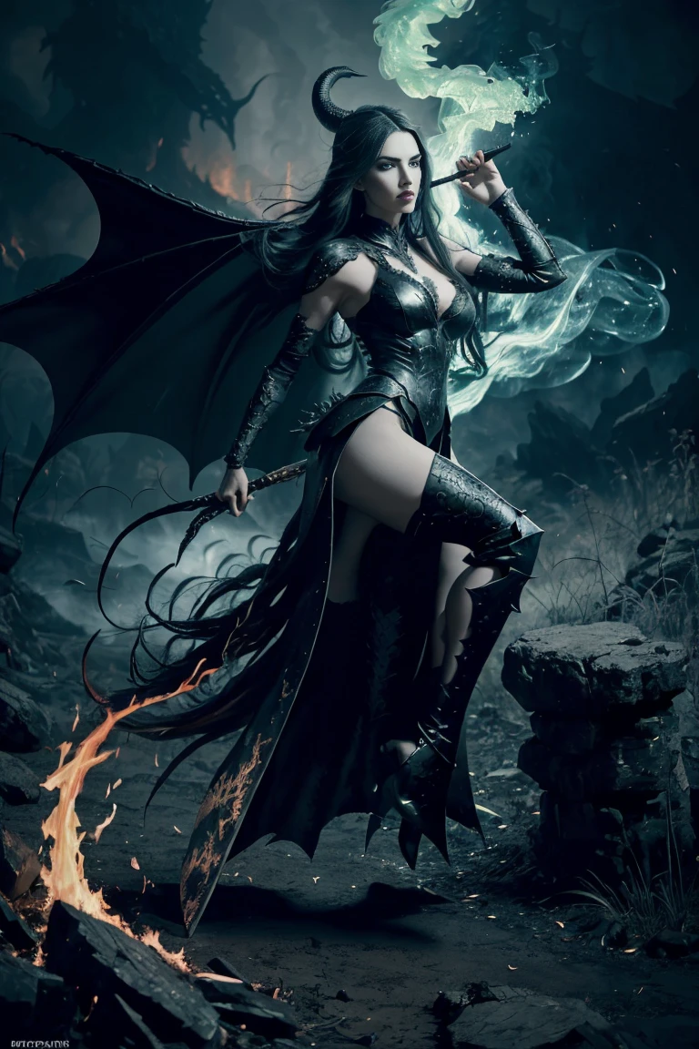 Expansive landscapes, dark fantasy image, full body, fire-breathing dragon and beautiful evil princess, black long hair, white skin, green eyes, detailed rich texture, in green and black metal armor, action scene, in fact, dramatic, vibrant colors, elaborate fine details, smoke, fire, cinematic, ultra realistic, photorealistic