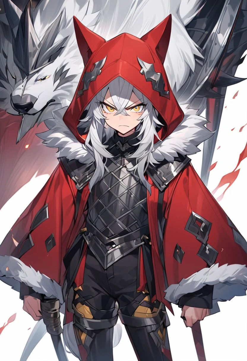 Anime character, large red hood with fur inside, Androgynous but sharp features, Yellow eyes, White hair with grey tips, wolf cut, gender netural, fantasy outfit, annoyed look, metal on outfit