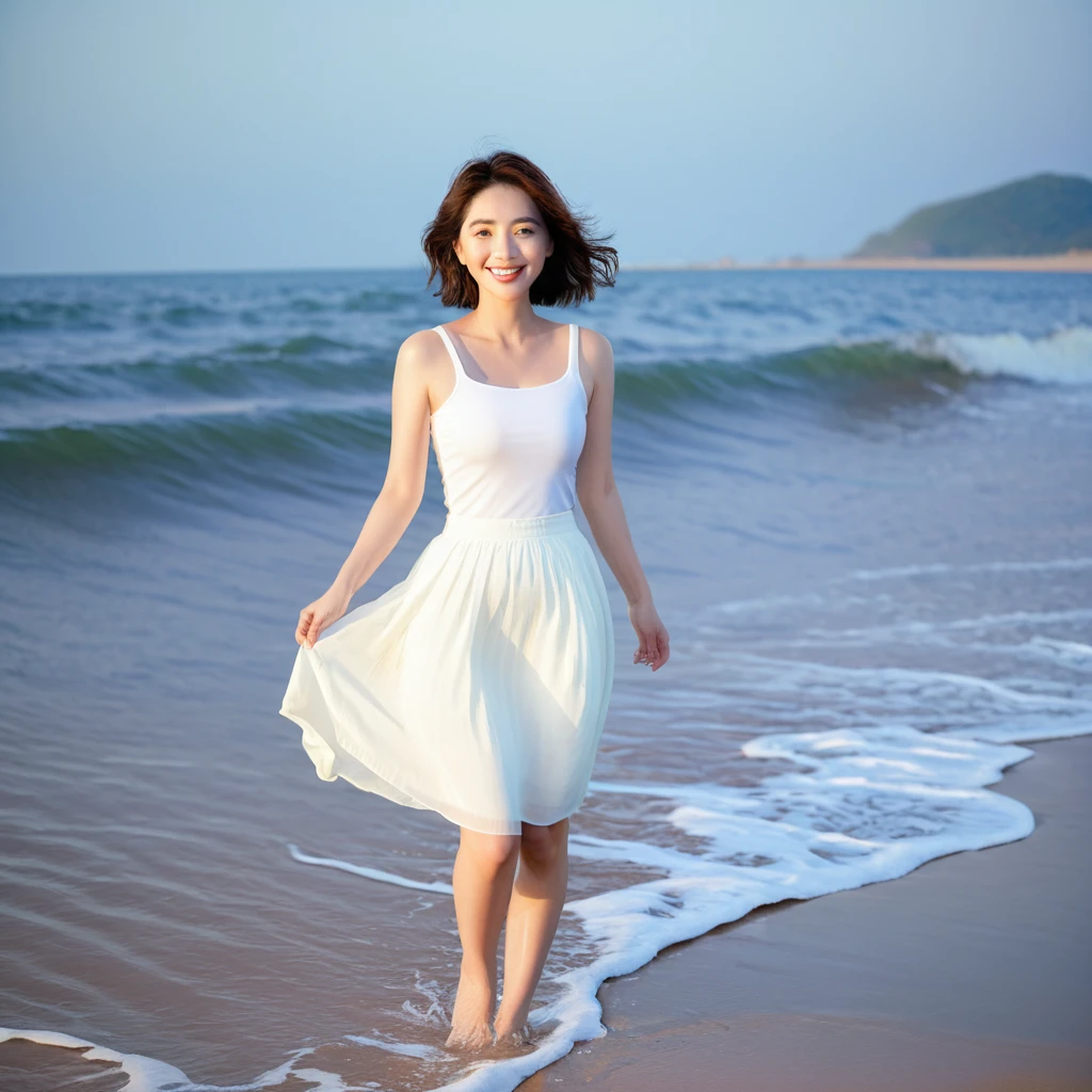 sunset beach soft light,There is a subtle lingering feeling., Beautiful 36-year-old short Korean woman, Chest size 34 inches, Wear white short sleeves and sleeveless tops, lightweight mid length skirt. beautiful pretty woman look , wearing a light skirt , Go far into the sea water and dip your toes., Short medium hair blowing in the wind, 1 woman, beautiful eyes, Smiling, Full-body photo taken from afar with a wide-angle lens, The background is clean and perfect., the waves are coming, short woman