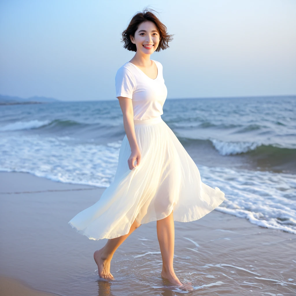 sunset beach soft light,There is a subtle lingering feeling., Beautiful 36-year-old short Korean woman, Chest size 34 inches, Wear white short sleeves and sleeveless tops, lightweight mid length skirt. beautiful pretty woman look , wearing a light skirt , Go far into the sea water and dip your toes., Short medium hair blowing in the wind, 1 woman, beautiful eyes, Smiling, Full-body photo taken from afar with a wide-angle lens, The background is clean and perfect., the waves are coming, short woman