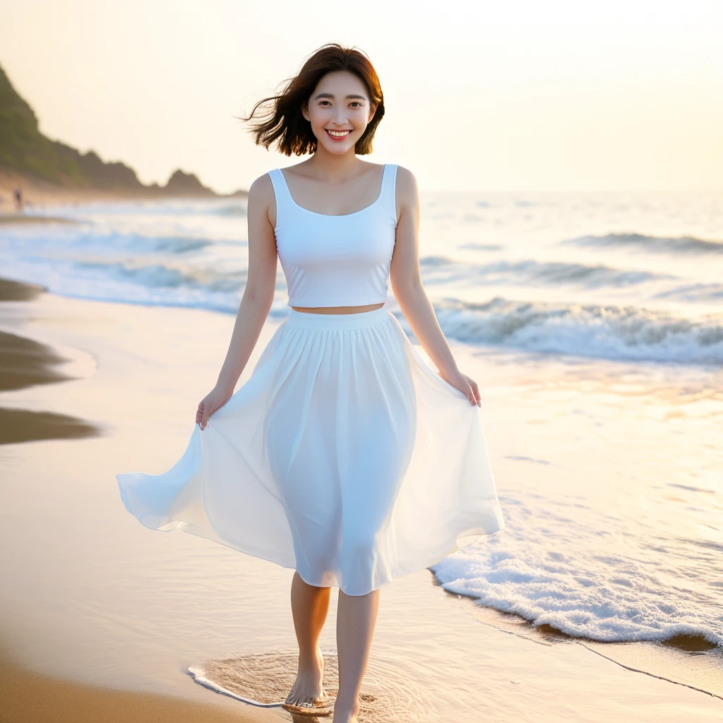sunset beach soft light,There is a subtle lingering feeling., Beautiful 36-year-old short Korean woman, Chest size 34 inches, Wear white short sleeves and sleeveless tops, lightweight mid length skirt. beautiful pretty woman look , wearing a light skirt , Go far into the sea water and dip your toes., Short medium hair blowing in the wind, 1 woman, beautiful eyes, Smiling, Full-body photo taken from afar with a wide-angle lens, The background is clean and perfect., the waves are coming, short woman