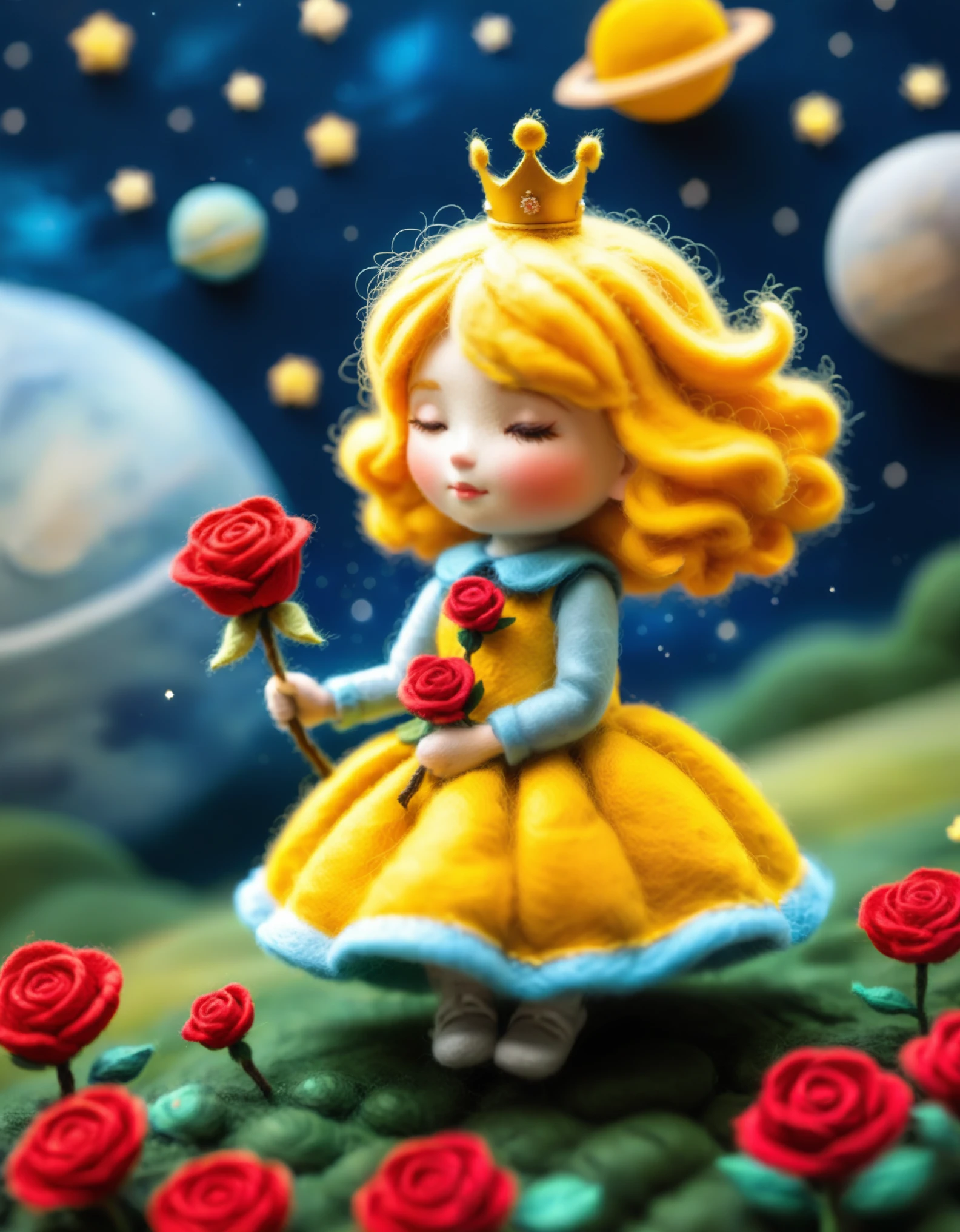 Felt world,felt style,Felt-World\(style\),A  from a fairy tale,with yellow hair,a crown,a gorgeous dress,holding a rose,a rose field on the moon,planets,loneliness,sparkling starry sky,wool felt,handcrafted,artistic,3D,realistic details,,