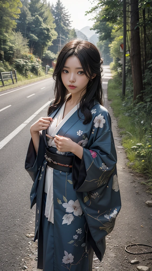 Beautiful,Junko Ishihara,Over Amagi,Prostitute,or period,Years falls,Flame of Love,Disheveled Japanese clothing,In the mountains,The twists and turns of the deep mountains,Flames of Passion,Mature women in their thirties,A devoted beauty,Disheveled Hair,Disheveled outfit,A half-crazed woman obsessed with love,Disheveled, thin kimono,thin yukata,A distraught yukata wearer,Female Artist,Narrow eyes,Single-minded gaze,Simple string belt,or period,Dark mountain path,Crossing the mountain pass,Unpaved mountain roads,On the road through the dark forest,Unpaved road,promenade,Mountain trail,Dirt Road,登Mountain trail,When the road wasn't paved yet,Old mountain path,ground road,carriage,rickshaw,She's wearing light clothing and her chest is exposed.,
