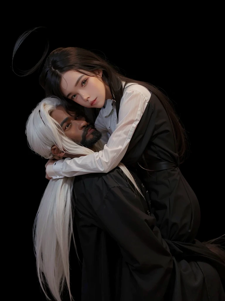 A dark-skinned man with long white hair, with a beard and a beautiful girl