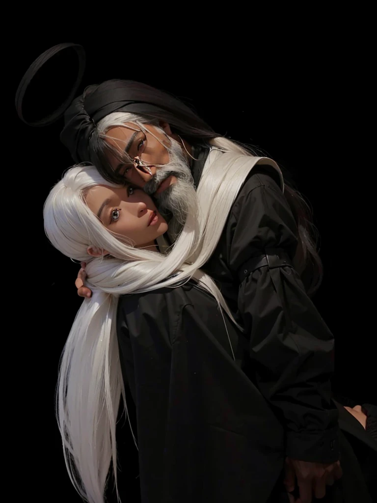A dark-skinned man with long white hair, with a beard and a beautiful girl