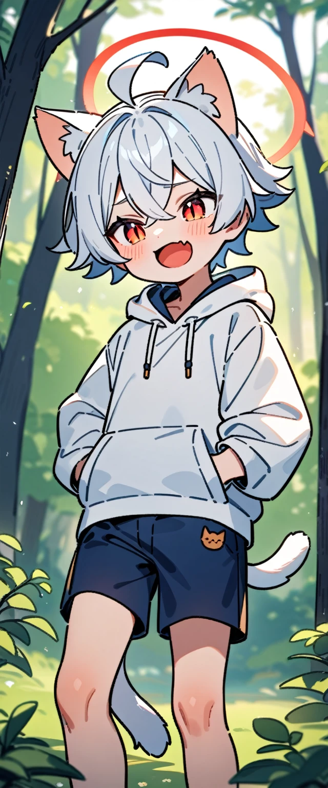 （masterpiece：1.2，high quality），8K，High resolution，A seven-year-old boy，cute boy，white hair，short hair，crossed bangs，red eyes，slit pupils， ahoge，cat ears，laughing，skin fang，red halo，Wearing a white hoodie，Dark blue shorts，Stand in the forest，There are flowering trees on both sides.，primary school student，thigh，alone，cat tail，（Put your hands in your pockets），（（Put your hands in your pockets））